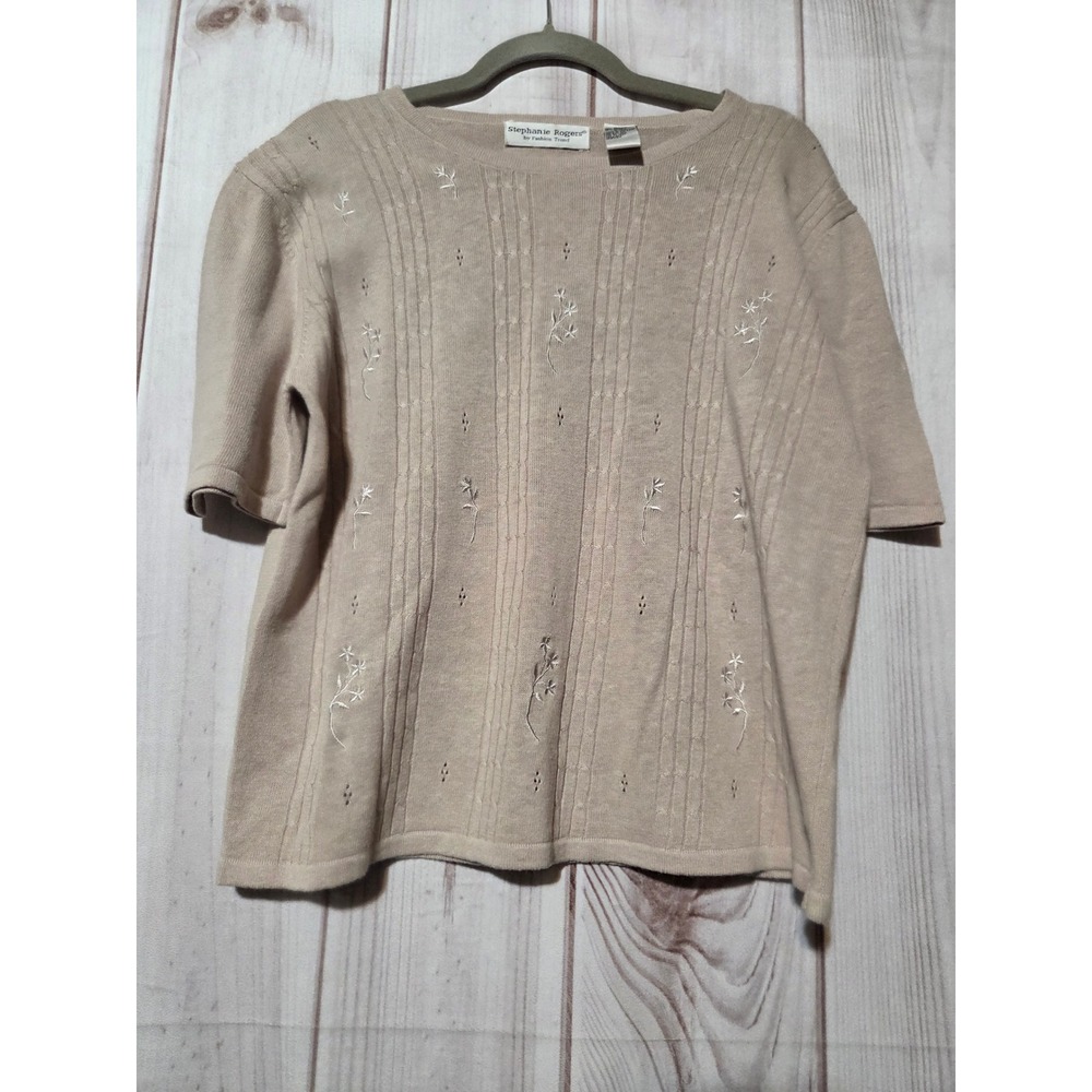 Stephanie‎ Rogers Beige Floral Embroidered Ramie Cotton Knit Sweater Top XL